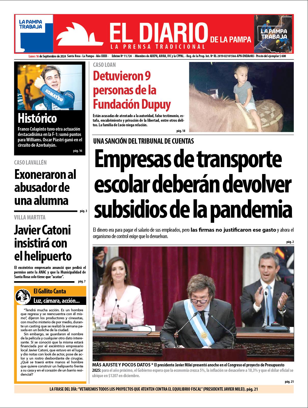 Tapa de El Diario en papel  lunes 16 de septiembre de 2024